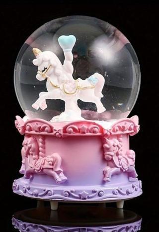 Adm Store Pembe Mor Unicorn Tasarımlı Kar Küresi Işıklı Orta Boy 9 cm Sevgiliye Yeni Yıl Yılbaşı Hediyesi