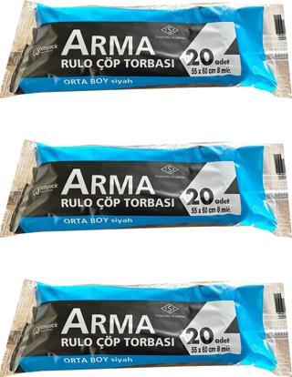 Arma Siyah Orta Boy 55 x 60 Cm. - 30 Litre Çöp Torbası Poşeti - 20 Adetlik 3 Rulo