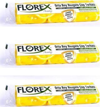 Florex 40 Litre Büzgülü Limon Kokulu Sarı Çöp Torbası Poşeti / 55 x 60 Cm. - 10 Adetlik 3 Rulo