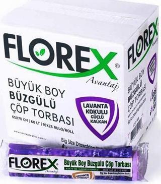 Florex 60 Litre Büzgülü Lavanta Kokulu Çöp Torbası Poşeti / 65 x 70 Cm. - 10x25 Rulo / Koli