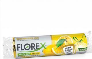 Florex 60 Litre Büzgülü Limon Kokulu Sarı Çöp Torbası Poşeti / 65 x 70 Cm. - 10 Adetlik 1 Rulo
