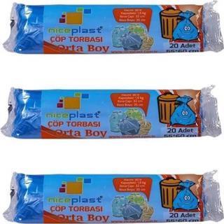 Niceplast Mavi Orta Boy 55x60 Cm. 30 Litre Çöp Torbası Poşeti - 20 Adetlik 3 Rulo