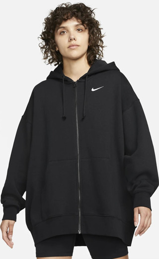Nike Sportswear Essentials Oversize Fleece Full Zip Hoodie Kadın Geniş Kalıp Kapüşonlu Sweatshirt Siyah