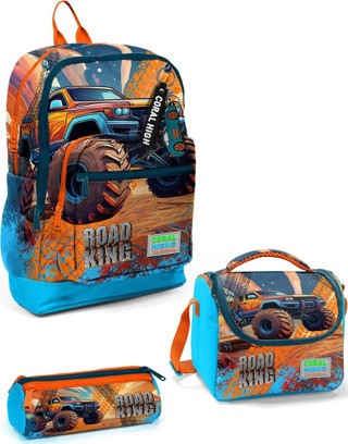 Coral High Kids Mavi Turuncu High Wheels Truck Desenli 3’lü Okul Çanta Seti SET0123778