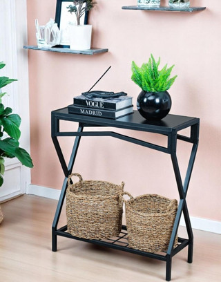 DEKORATİF METAL DRESUAR SİYAH AHŞAP RAFLI STAND ÇOK AMAÇLI SALON VE HOL RAFI