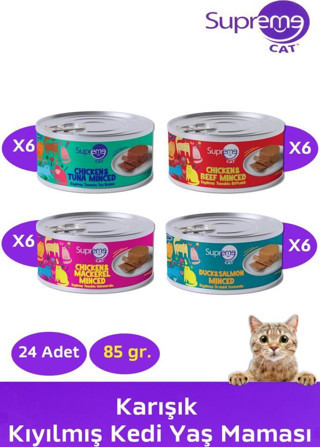 Supreme Cat Kıyılmış Karışık 85 Gr 6 x 4 Çeşit Toplam 24 Adet Kedi Konserve Maması