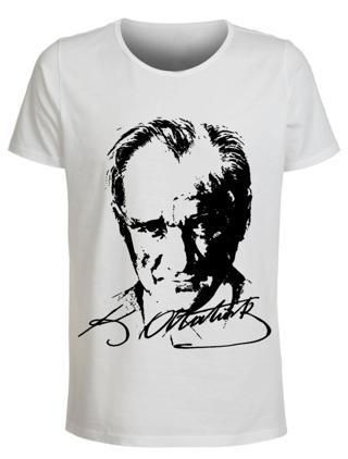 Mevlana Giyim Mustafa Kemal Atatürk Resim ve İmzalı Unisex Beyaz Tişört