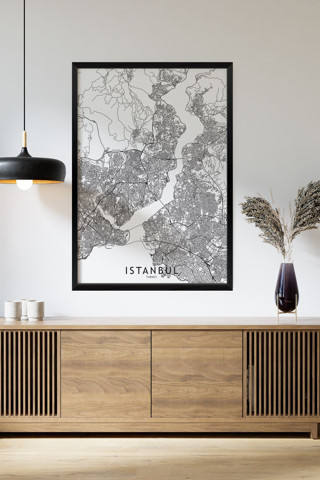 Artavessa Tek Parça Siyah Çerçeve Görünümlü "İstanbul Beyaz" Harita Mdf Tablo