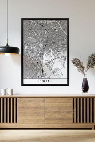 Artavessa Tek Parça Siyah Çerçeve Görünümlü "Tokyo Beyaz" Harita Mdf Tablo