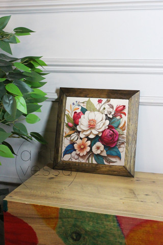 Artavessa Masif Ahşap Çerçeveli Taş Tablo Pano 16 X 16 Cm - Bahar Ve Çiçek 3
