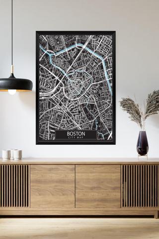 Artavessa Tek Parça Siyah Çerçeve Görünümlü "Boston Siyah" Harita Mdf Tablo