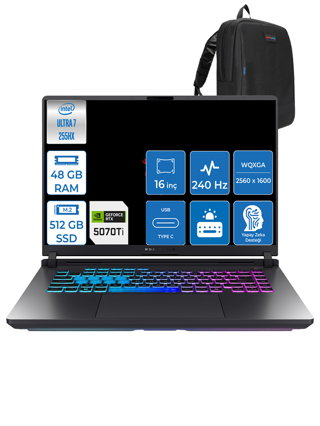 Asus Rog Strix G16 Intel Core Ultra 7 255HX 48GB Ddr5 512GB SSD 12GB/RTX5070TI/175W Windows 11 Pro 16" 2.5k 240Hz Wqxga Yapay Zeka Destekli Taşınabilir Bilgisayar G615LRP13 + Zettaçanta