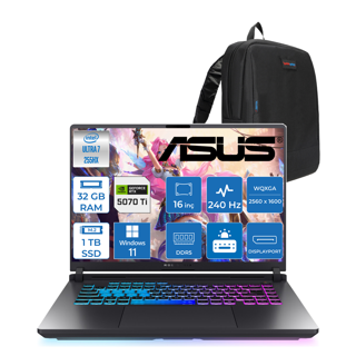 Asus Rog Strix G16 G615LR-S5214 Ultra 7 255HX Aı 32GB GB 1tb SSD 12GB/RTX5070Tİ Gddr7 175W 16" 2.5k 2560 x 1600 Wqxga 240Hz 3ms 500NITS  WIN11HOME Gaming Laptop WRW14511+ZETTAÇANTA