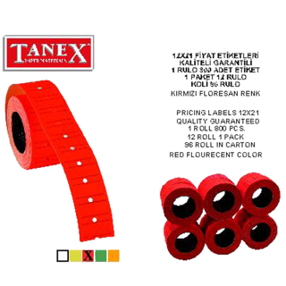 Tanex Makine Etiketi 12X21 Mm Çizgili Fosforlu Kırmızı 6 Lı Tnx1221530800 (1 Paket 6 Adet)