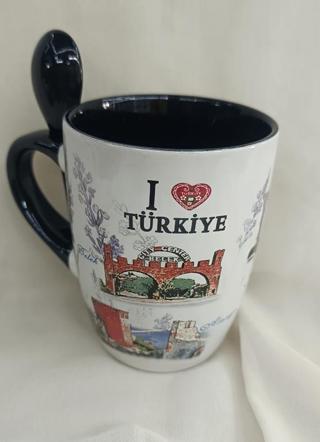 Bardak Kupa Kaşıklı Kulplu Seramik Türkiye Yazılı Meşrubat Su Kahve Bardağı 340 ml Antalya Görselli 
