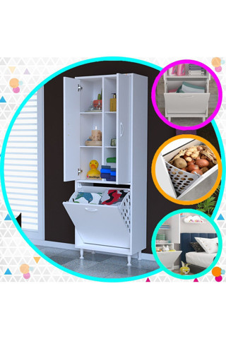 Modilayn Modilayn Ard-133 İnci 2 Kapaklı Kirli Çamaşır Sepetli Banyo Dolabı Muftak Dolabı Çok Amaçlı Dolap
