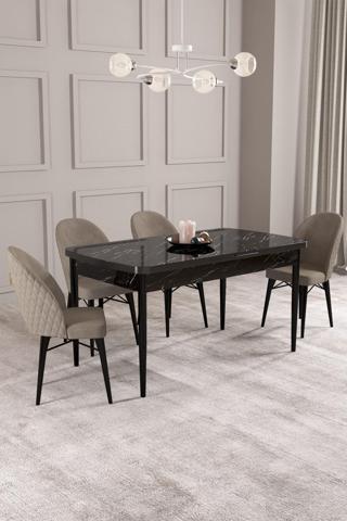 Asaella Mobilya Calvin Siyah Mermer Desen 80X132 Mdf Açılabilir Mutfak Masası Takımı 4 Adet Sandalye