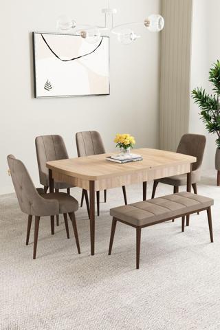 Asaella Mobilya Clara Meşe Desen 80X132 Açılabilir Mutfak Masası Takımı 4 Sandalye, 1 Bench