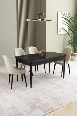 Asaella Mobilya Ikon Siyah Mermer Desen 80X132 Mdf Açılabilir Yemek Masası Takımı 4 Adet Sandalye