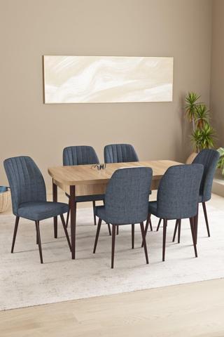 Asaella Mobilya Daisy Meşe Desen 80X132 Açılabilir Mdf Mutfak Masa Takımı 6 Sandalye