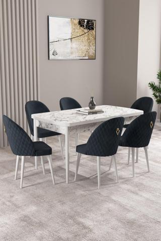 Asaella Mobilya Lima Beyaz Mermer Desen 70X114 Mdf Açılabilir Yemek Masası Takımı 6 Adet Sandalye