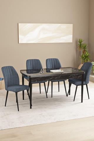 Asaella Mobilya Daisy Siyah Mermer Desen 80X132 Açılabilir Mdf Mutfak Masa Takımı 4 Sandalye