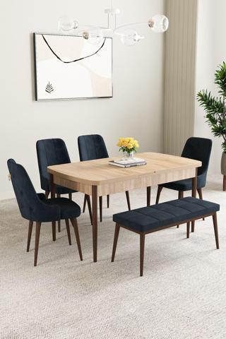 Asaella Mobilya Clara Meşe Desen 80X132 Açılabilir Yemek Odası Takımı 4 Sandalye, 1 Bench