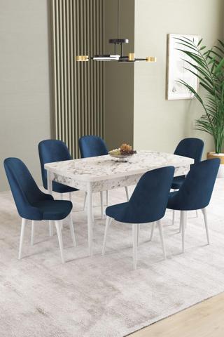 Asaella Mobilya Ikon Beyaz Mermer Desen 80X132 Mdf Açılabilir Mutfak Masası Takımı 6 Adet Sandalye