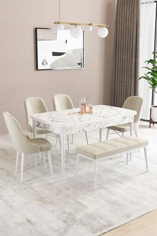 Asaella Mobilya Fonza Beyaz Mermer Desen 80X132 Mdf Açılabilir Mutfak Masası Takımı 4 Sandalye , 1 Bench