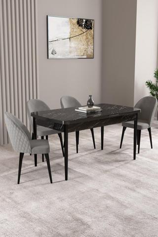 Asaella Mobilya Lima Siyah Mermer Desen 80X132 Mdf Açılabilir Yemek Masası Takımı 4 Adet Sandalye