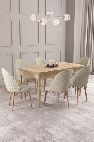 Asaella Mobilya Calvin Meşe Desen 80X132 Mdf Açılabilir Mutfak Masası Takımı 6 Adet Sandalye