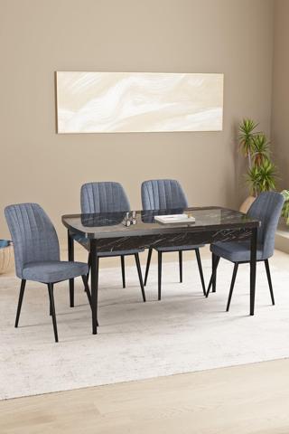 Asaella Mobilya Daisy Mdf Siyah Mermer Desen Açılabilir 80X132 Cm 4 Sandalyeli Mutfak Masası Takımı