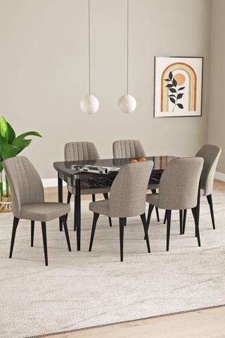 Asaella Mobilya Elis Siyah Mermer Desen 80X132 Açılabilir Yemek Odası Takımı 6 Adet Sandalye