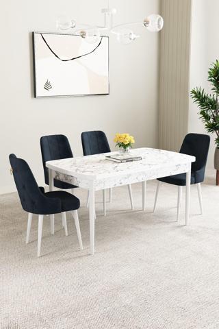 Asaella Mobilya Clara Beyaz Mermer Desen 80X132 Açılabilir Mutfak Masası Takımı 4 Adet Sandalye