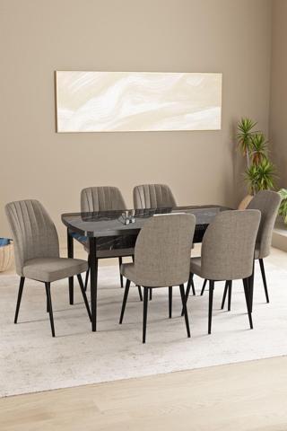 Asaella Mobilya Floryn Mdf Siyah Mermer Desen Açılabilir 80X132 Cm 6 Sandalyeli Mutfak Masası Takımı