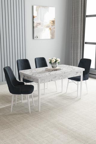 Asaella Mobilya Mayer Mdf Beyaz Mermer Desen Açılabilir 70X114 Cm 4 Sandalyeli Mutfak Masası Takımı