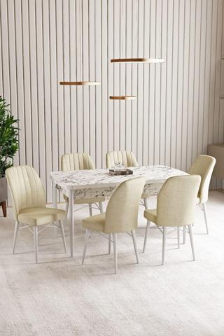 Asaella Mobilya Vien Beyaz Mermer Desen 80 X 132 Açılabilir Mdf Mutfak Masası 6 Adet Sandalye