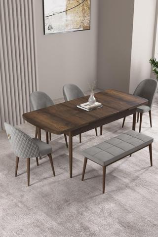 Asaella Mobilya Milas Barok Desen 80X132 Mdf Açılabilir Yemek Masası Takımı 4 Sandalye, 1 Bench