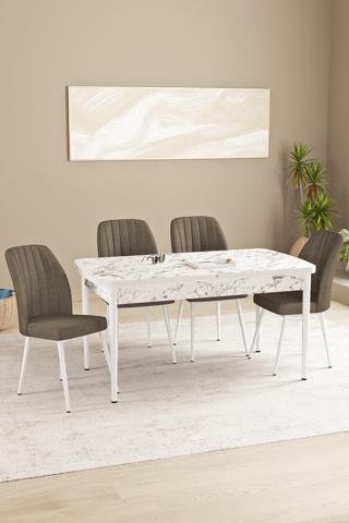 Asaella Mobilya Floryn Mdf Beyaz Mermer Desen Açılabilir 80X132 Cm 4 Sandalyeli Mutfak Masası Takımı