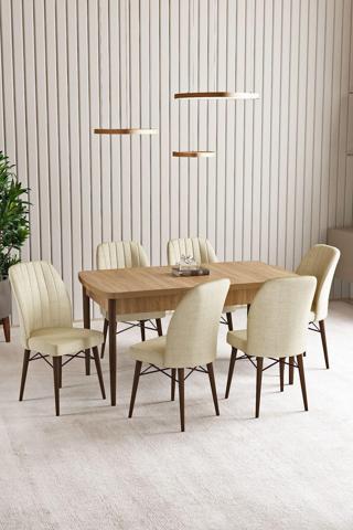 Asaella Mobilya Lara Meşe Desen 80 X 132 Açılabilir Mdf Mutfak Masası 6 Adet Sandalye