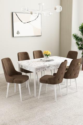 Asaella Mobilya Mabel Beyaz Mermer Desen 80X132 Açılabilir Yemek Odası Takımı 6 Adet Sandalye