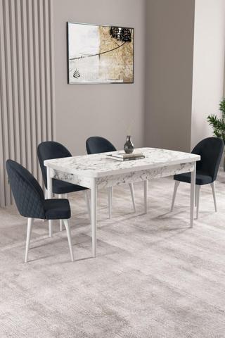 Asaella Mobilya Milas Beyaz Mermer Desen 80X132 Mdf Açılabilir Yemek Masası Takımı 4 Adet Sandalye