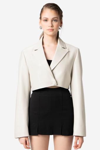 DERİCLUB Jasmine Kadın Crop Blazer Hakiki Deri Ceket BEJ