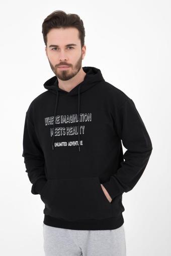 Defys Erkek Baskılı Kapüşonlu Sweat Siyah