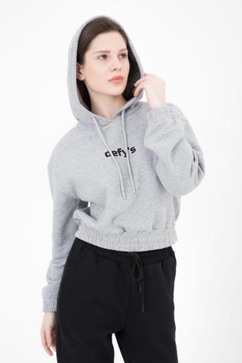 Defys Kadın Baskılı Kapüşonlu Crop Sweat Gri
