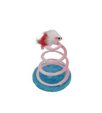Ahşap Tabanlı Peluş Fareli Yaylı Spiral Kedi Oyuncağı