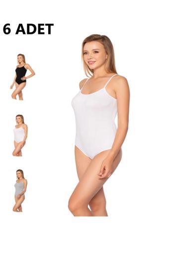 Pi Giyim İp Askılı Çıt Çıtlı Kancalı Body 6'Lı Paket Gri-Siyah-Beyaz