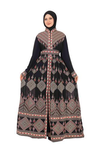 Ajurlu Ispanyol Kollu Dik Yakalı Fermuarlı Nakışlı Geleneksel Kadın Elbise M-3xl C100021