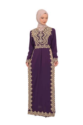 Büzüglü Kollu Beşgen Yakalı Geleneksel Ön Ve Yan Nakışlı Filistin Kadın Elbise M-3xl C100031