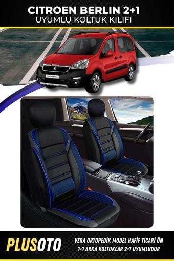 Plusoto Citroen Berlingo (2+1) Ticari Uyumlu Vera Serisi Siyah Mavi Oto Koltuk Kılıfı 5Li Takım Set T-11